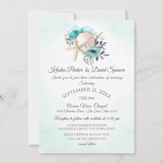 ヒトデとサンドドルフローラビーチ結婚式インヴィ 招待状 (正面)