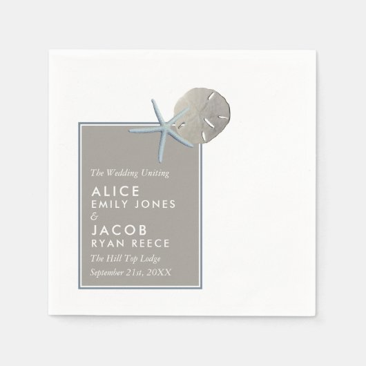 ヒトデとサンドドル – ビーチ結婚式 スタンダードカクテルナプキン (正面)