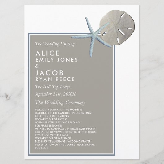 ヒトデとサンドドル – ビーチ結婚式 プログラム (正面)