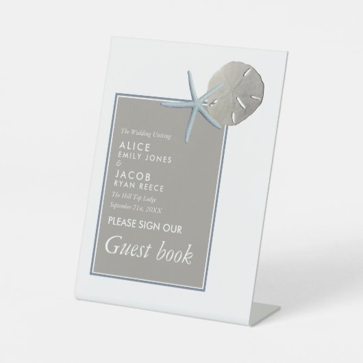 ヒトデとサンドドル – ビーチ結婚式 台座サイン (正面)