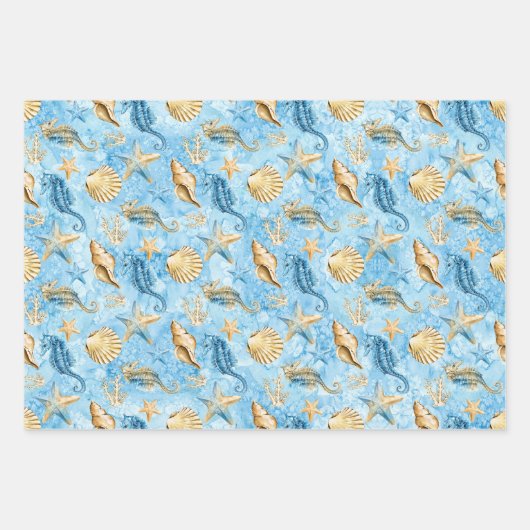 ヒトデとシーウズブルー海砂浜の水色 ラッピングペーパーシート (正面)