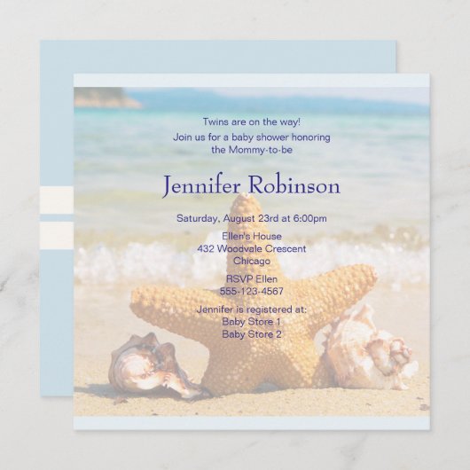 ヒトデとシーシェルのビーチの赤ちゃんシャワー 招待状 (正面/裏面)