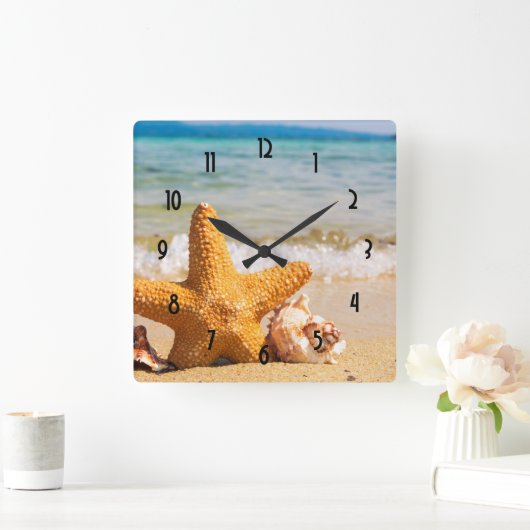 ヒトデとシーシェルのビーチ スクエア壁時計 (ホーム)