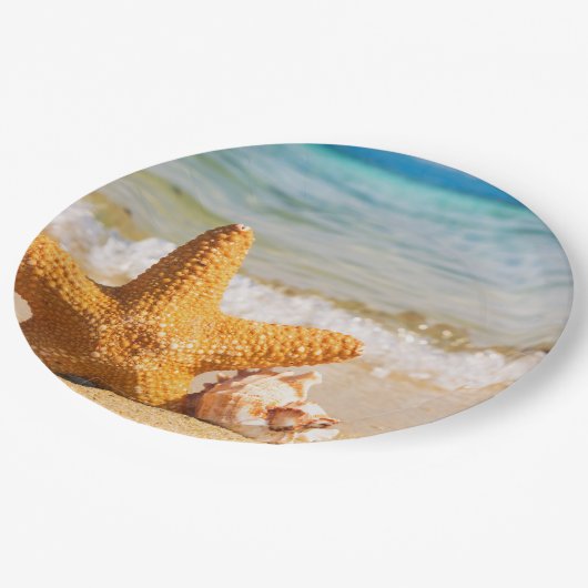 ヒトデとシーシェルのビーチ ペーパープレート (アングル)