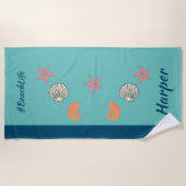 ヒトデとシーシェルズ海ビーチライフ ビーチタオル (正面)