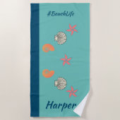 ヒトデとシーシェルズ海ビーチライフ ビーチタオル (正面)