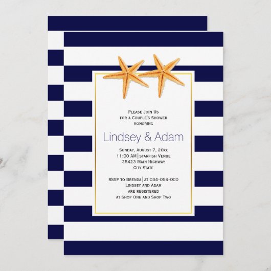 ヒトデとストライプビーチ結婚式カップルのシャワー 招待状 (正面/裏面)