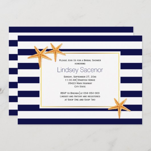 ヒトデとストライプビーチ結婚式ブライダルシャワー 招待状 (正面/裏面)