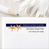 ヒトデとネイビーブルーストライプビーチ結婚式 ラベル (インサイチュ)