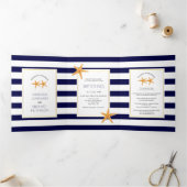 ヒトデとネイビーブルーホワイトストライプビーチ結婚式 三つ折り招待状 (内部)