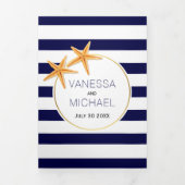 ヒトデとネイビーブルーホワイトストライプビーチ結婚式 三つ折り招待状 (カバー)