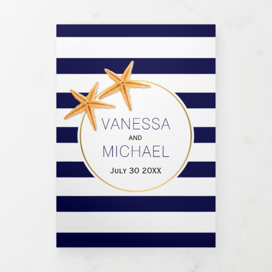 ヒトデとネイビーブルーホワイトストライプビーチ結婚式 三つ折り招待状 (カバー)