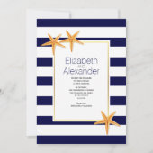 ヒトデとネイビーブルーホワイトストライプビーチ結婚式 招待状 (正面)