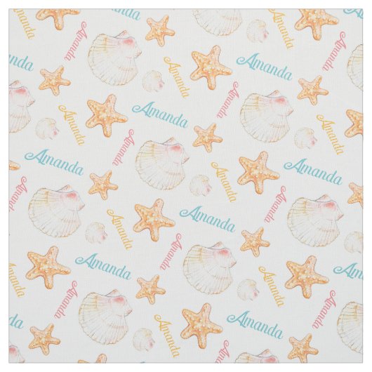 ヒトデとハマグリの貝殻ピンク色の黄色 ファブリック (見本)