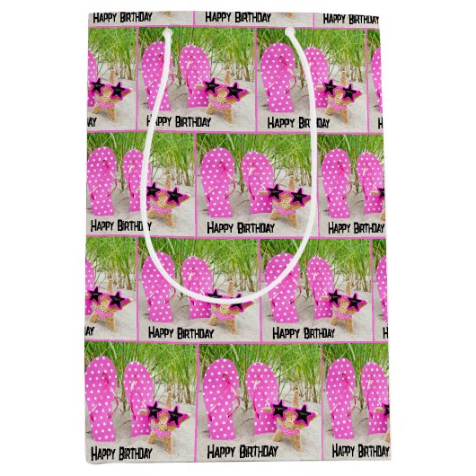 ヒトデとフリップフロップビーチ砂 ミディアムペーパーバッグ (正面)