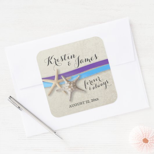 ヒトデとリボンパープルとブルーのビーチ スクエアシール (封筒)