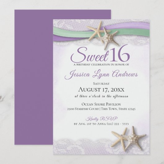ヒトデとレースのスウィート16 招待状 (正面/裏面)
