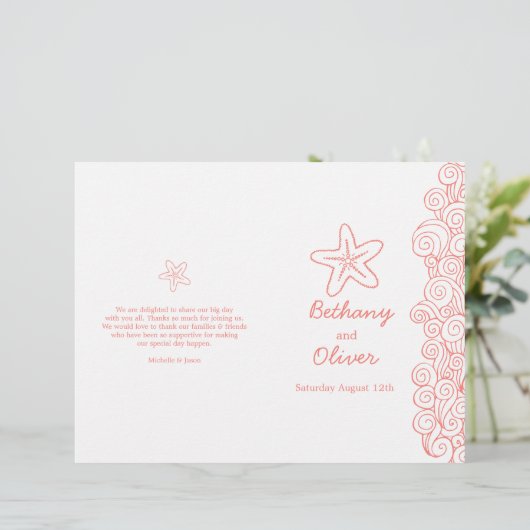 ヒトデと渦巻きサンゴの白い結婚式プログラム (スタンド正面)