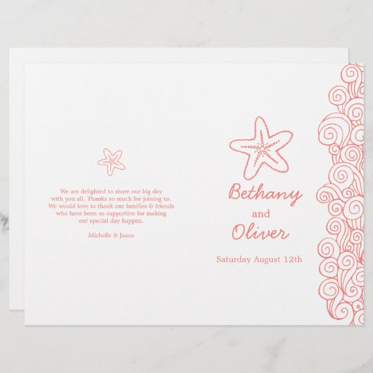 ヒトデと渦巻きサンゴの白い結婚式プログラム (正面/裏面)