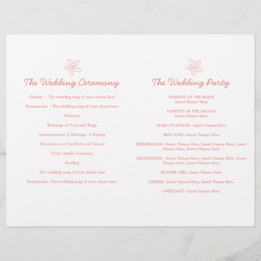 ヒトデと渦巻きサンゴの白い結婚式プログラム (裏面)