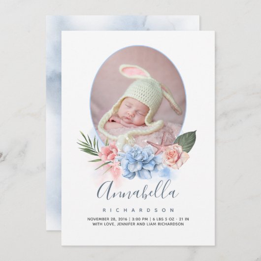 ヒトデと熱帯ビーチフローラフォトベビー誕生 案内状 (正面/裏面)