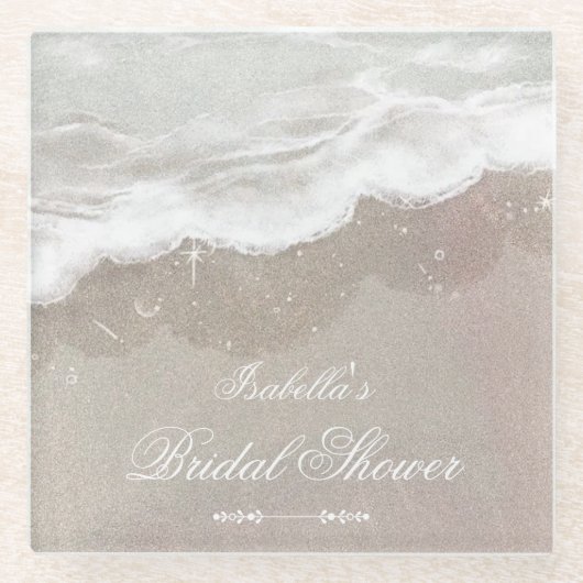 ヒトデと貝殻のトロピカルビーチ ブライダルシャワー ガラスコースター (正面)