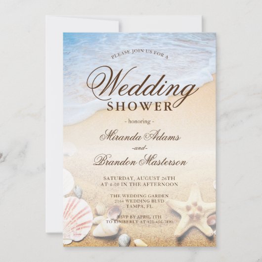 ヒトデと貝類熱帯ビーチ結婚式シャワー 招待状 (正面)