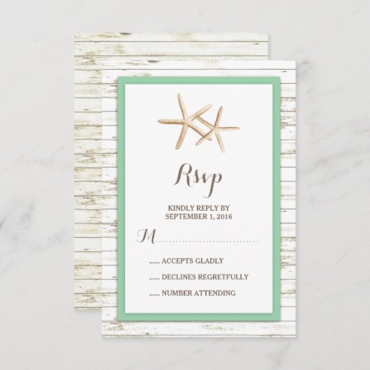 ヒトデによって水漆喰を塗られる木製のビーチ結婚式RSVPのミント 出欠カード (正面/裏面)