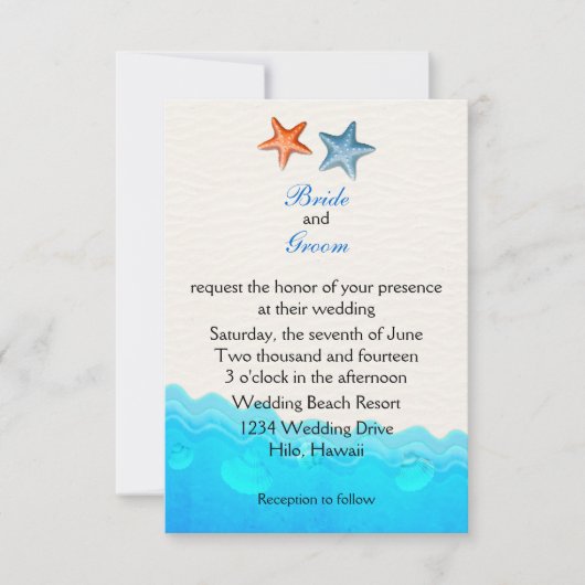 ヒトデのいるビーチの結婚式招待状 招待状 (正面)