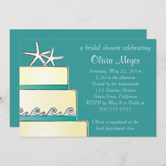 ヒトデのウエディングケーキのブライダルシャワーの招待-ティール(緑がかった色) 招待状 (正面/裏面)