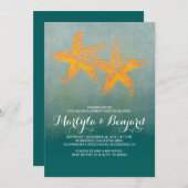 ヒトデのカップルのティール(緑がかった色)のグラデーションなビーチの婚約パーティ 招待状 (正面/裏面)