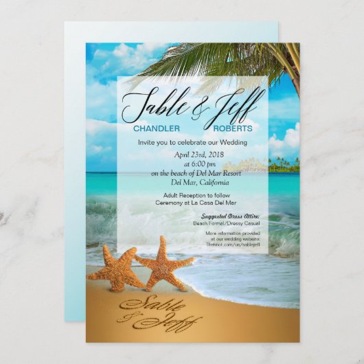 ヒトデのカップルのフェイクな子牛皮紙の上敷の結婚式 招待状 (正面/裏面)