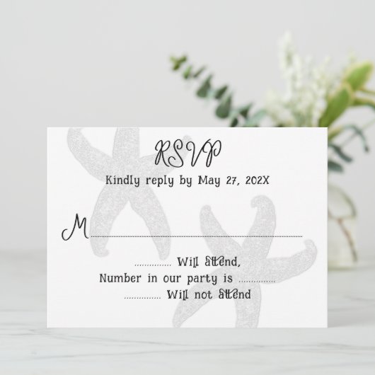 ヒトデのカップル結婚ホワイトの返信カード 招待状 (スタンド正面)