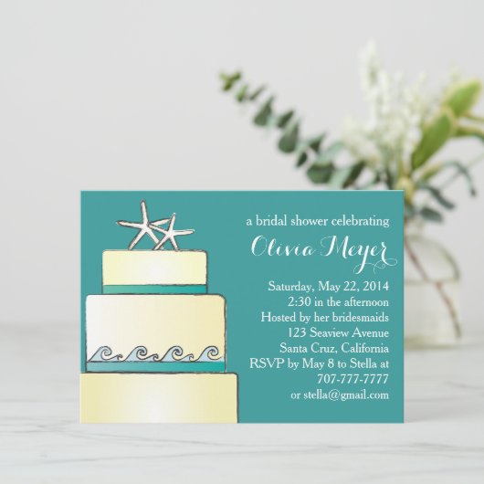 ヒトデのケ結婚ーキブライダルシャワー招待状ティール(緑がかった色) 招待状 (スタンド正面)