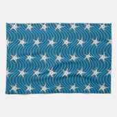 ヒトデのスケッチ青い波のパターン キッチンタオル (横)