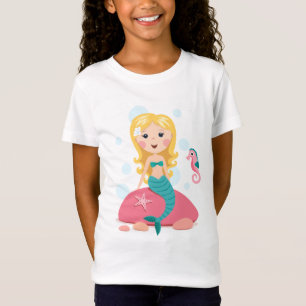 ヒトデのタツノオトシゴを持つブロンドの人魚の漫画の女の子 Tシャツ