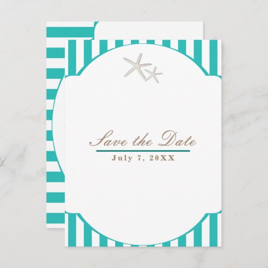 ヒトデのターコイズストライプビーチエレガント・セーブ・ザ・デート 案内ポストカード (正面/裏面)