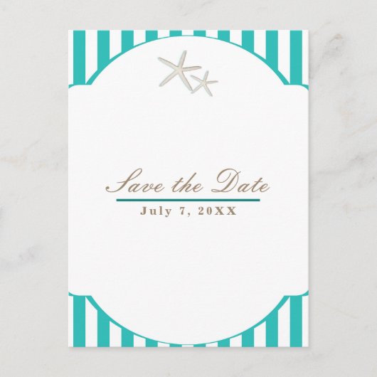 ヒトデのターコイズストライプビーチエレガント・セーブ・ザ・デート 案内ポストカード (正面)