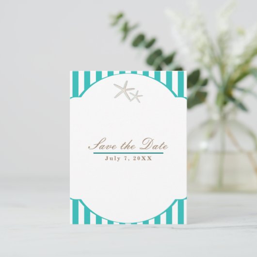 ヒトデのターコイズストライプビーチエレガント・セーブ・ザ・デート 案内ポストカード (スタンド正面)