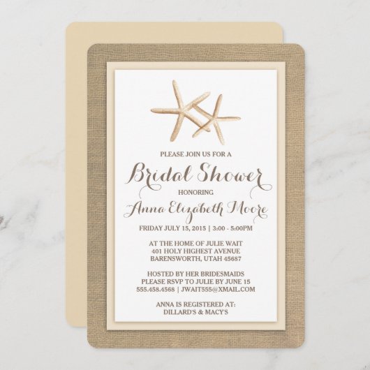 ヒトデのバーラップのビーチのブライダルシャワーの招待状 招待状