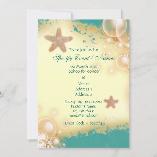 ヒトデのビーチ結婚式の婚約の誕生日 招待状 (裏面)