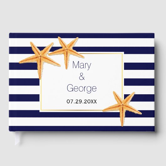 ヒトデのペアとストライプビーチ結婚式ゲストブック ゲストブック (正面)