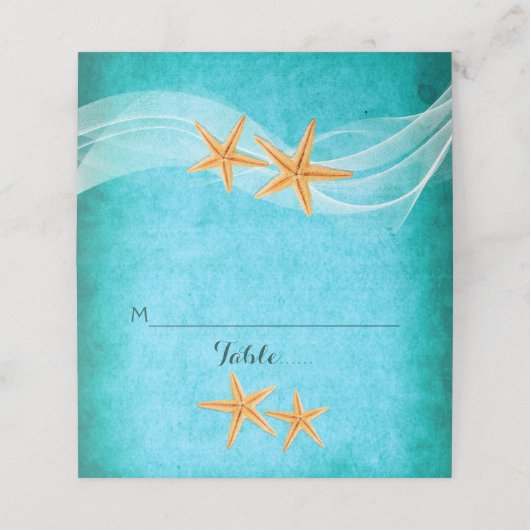 ヒトデのペアとヴェールのビーチ結婚式を折り畳んだエスコート プレイスカード (外部開封)