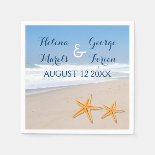 ヒトデのペア先の夏のビーチ結婚式 スタンダードカクテルナプキン (正面)