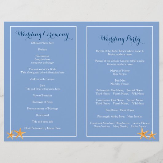 ヒトデのペア先ビーチ結婚式プログラム (裏面)