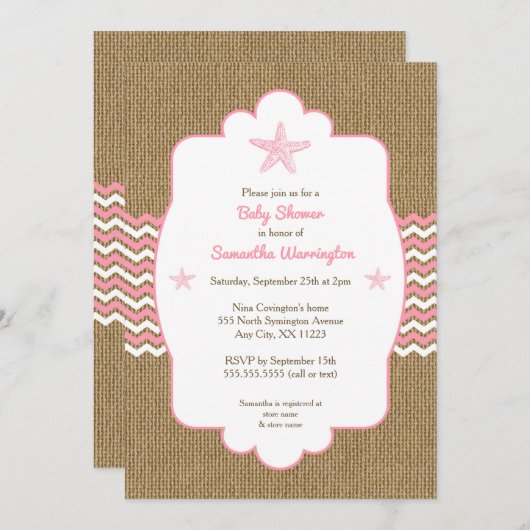 ヒトデの女の子のベビーシャワーはピンクのバーラップを誘います 招待状 (正面/裏面)