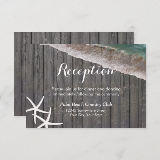 ヒトデの木製背景ビーチウェディングレセプション エンクロージャーカード (正面/裏面)