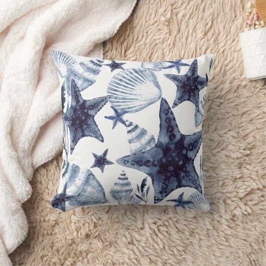 ヒトデの殻 ネイビーブルーと白のビーチ風パターン クッション (ブランケット)