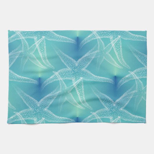 ヒトデの水の青いビーチの台所タオル キッチンタオル (横)