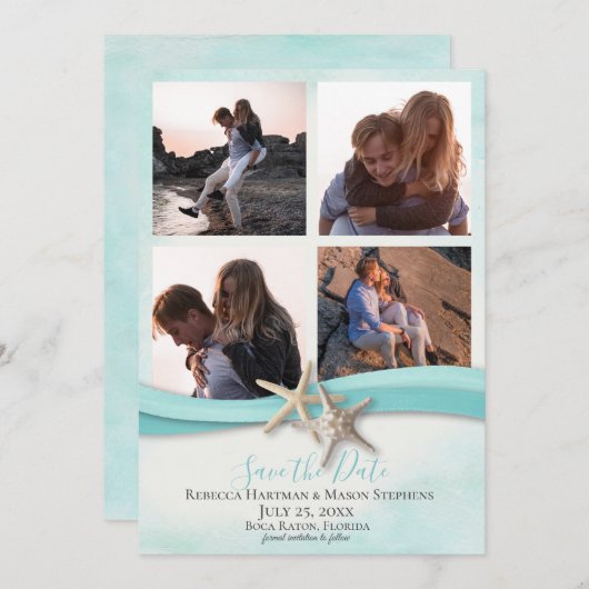 ヒトデの水彩先ビーチ結婚式 セーブザデート (正面/裏面)